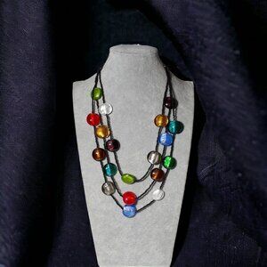 Necklace Multiple 3 Strand Colorful Art Glass Disc Beads 24" Boho Festival Fun